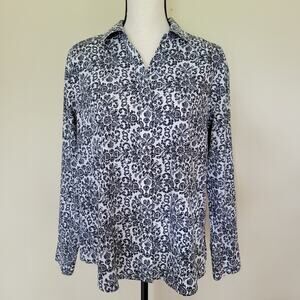 Chico's Sz 2 Button Front Shirt No-Iron Long Sleeve Collar V-Neck Black White